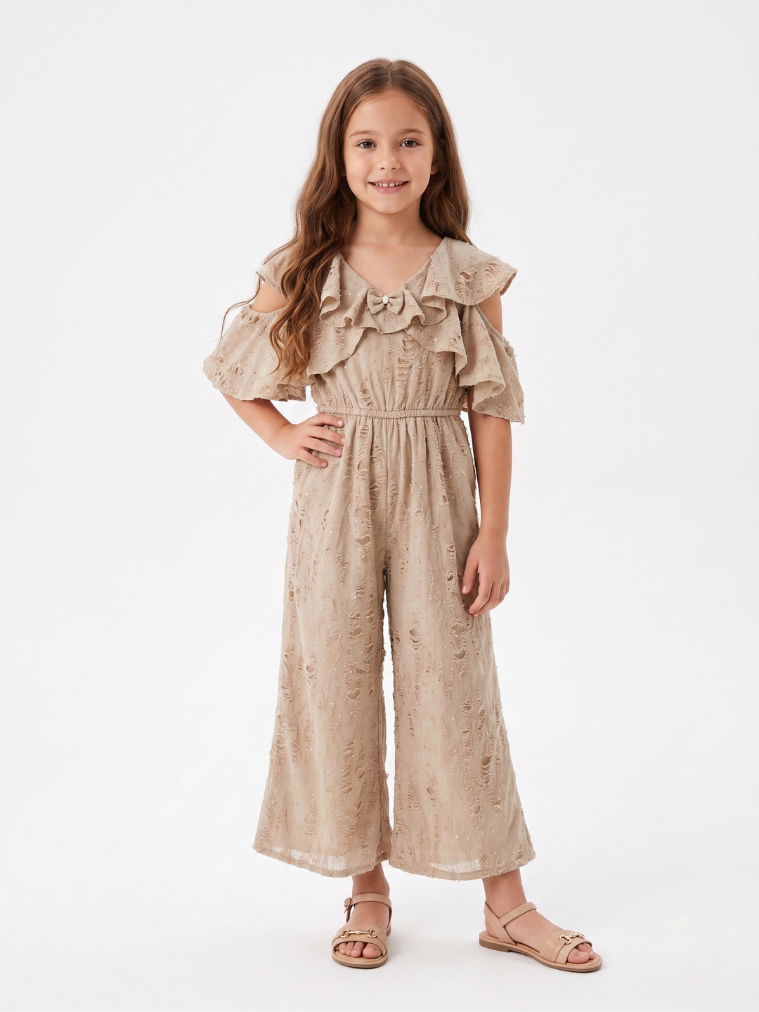 Girls' Cold-Shoulder Ruffle Jumpsuit with Sequins