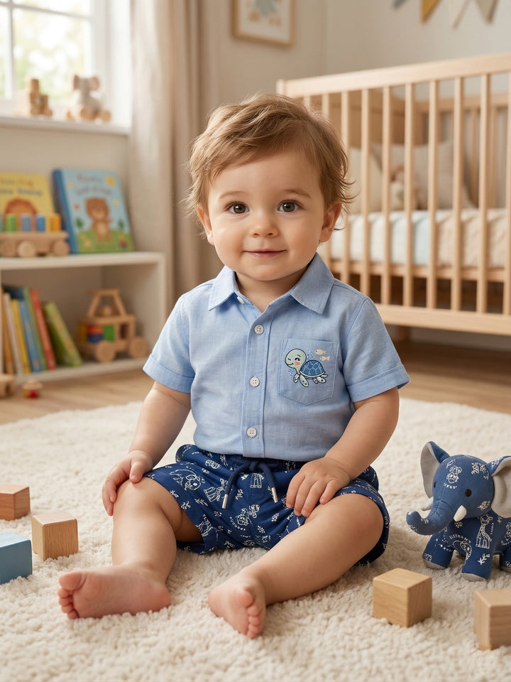 Toddler Boy’s "Sea Friend" Linen-Blend Set