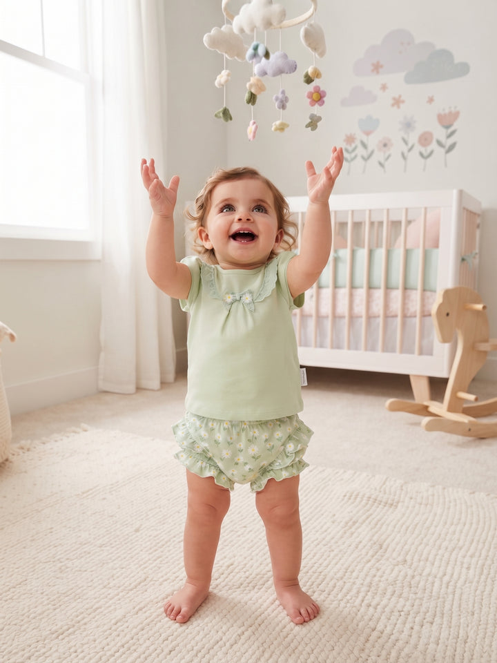 Flutter Sleeve Lace Accent Top with Ruffled Daisy Print Short Set