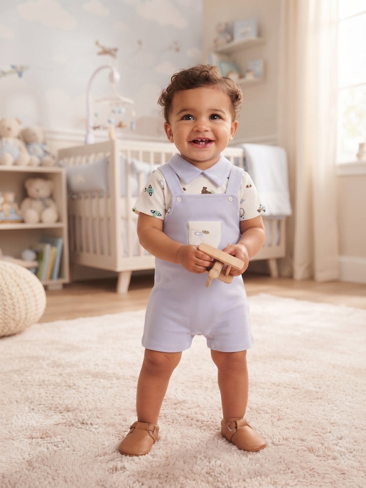 Baby Boy Airplane Collared Shirt & Overall Shorts 2-Piece Set