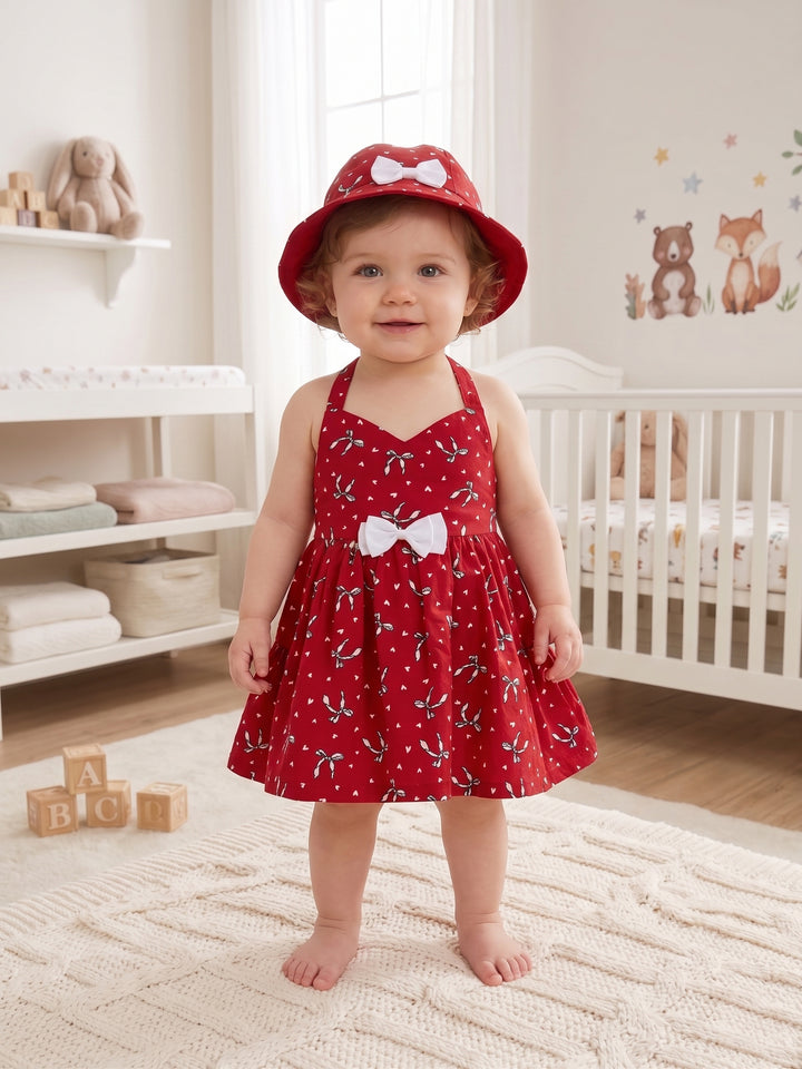 Sweet Heart Printed Dress With Sun Hat