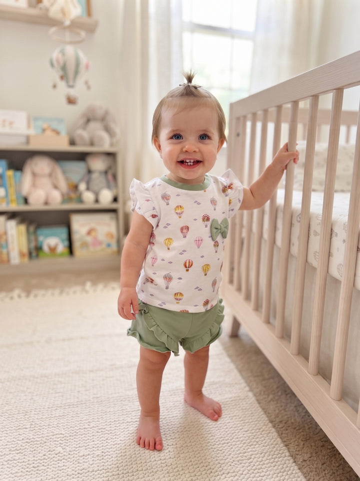 Baby Girl Hot Air Balloon Flutter Top & Ruffled Shorts 2-Piece Set