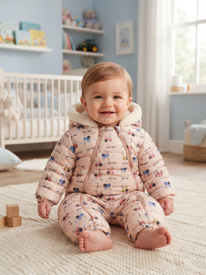 Tractor Print Dual-Zip Baby Snowsuit