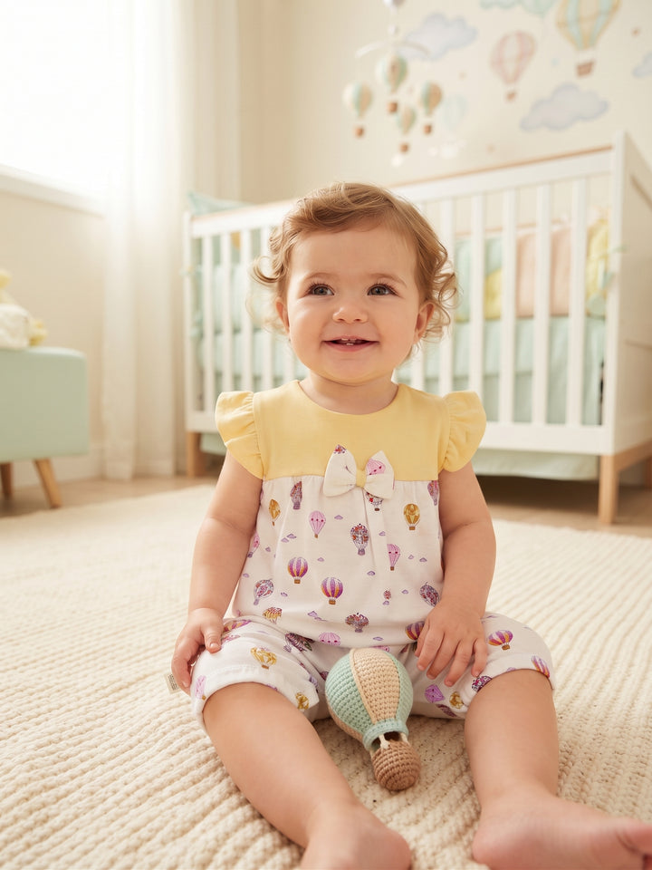 Baby Girl Flutter Sleeve Hot Air Balloon Print Romper with Bow Accent