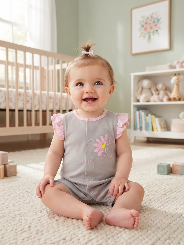 Baby Girl Daisy Print Side-Snap Flutter Sleeve Romper - Heather Grey
