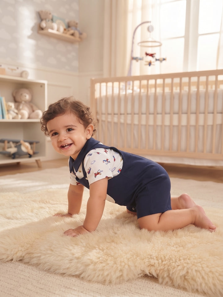 Baby Boy Airplane Collared Shirt & Overall Shorts 2-Piece Set