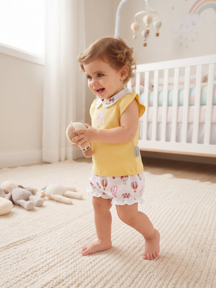 Hot Air Balloon Print Short Set with Floral Embroidered Peter Pan Collar