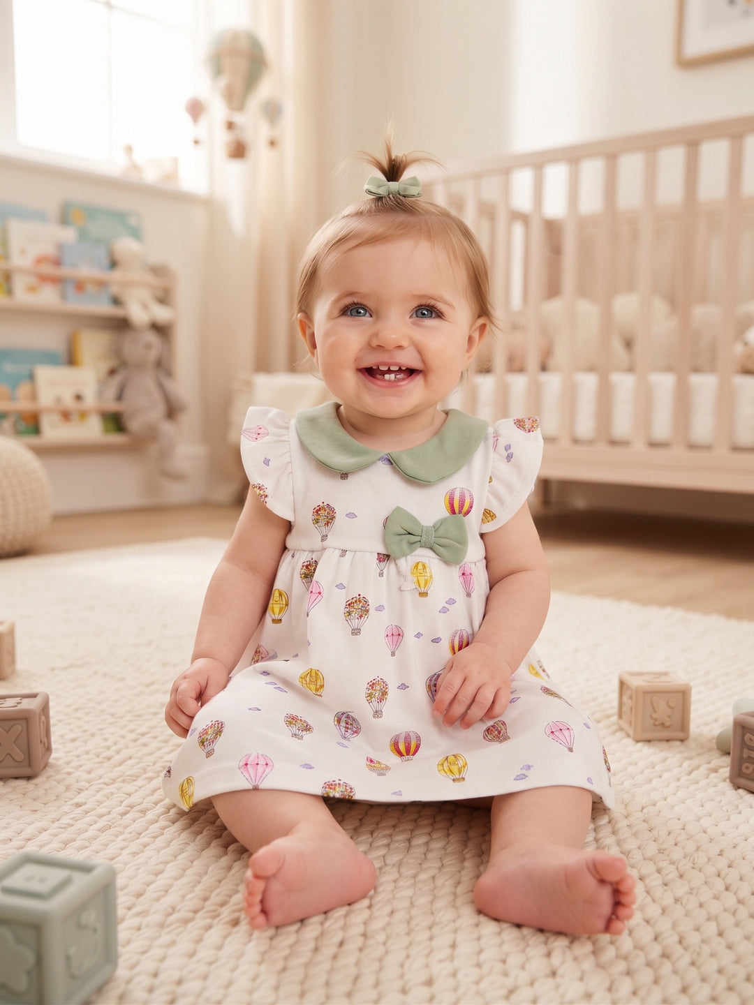 Flutter Sleeve Hot Air Balloon Print Baby A-Line Dress with Bow Accent