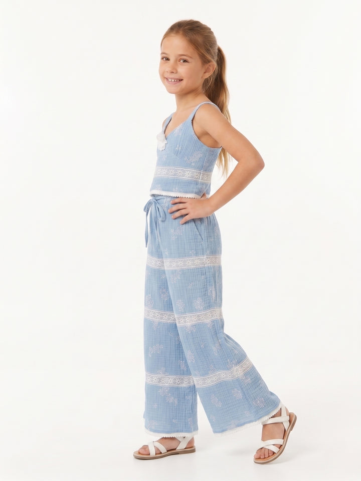Girls' Elegant Lace-Detail Summer Crop Top and Pants Set