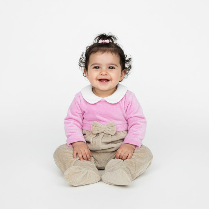 Bicolor Bow-Detail Footed Romper