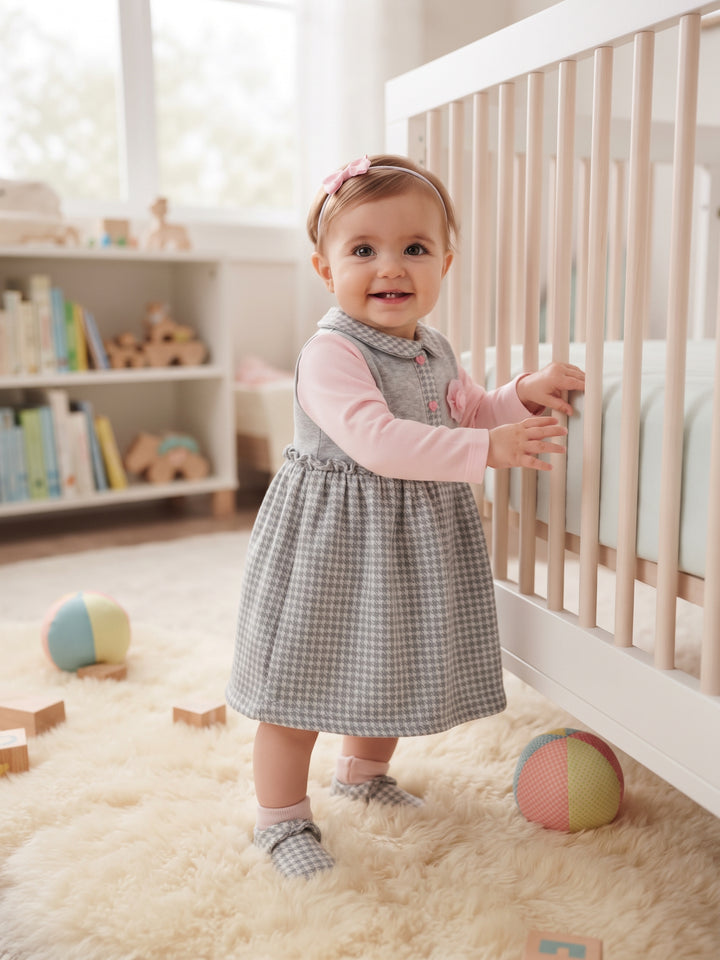 Elegant Grey Houndstooth & Pink Long-Sleeve Baby Dress