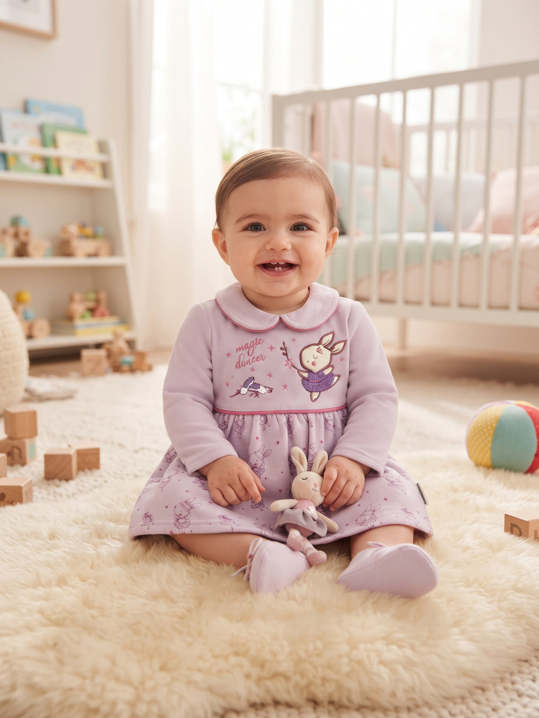 Adorable Embroidered Bunny Long-Sleeve Dress for Baby Girls
