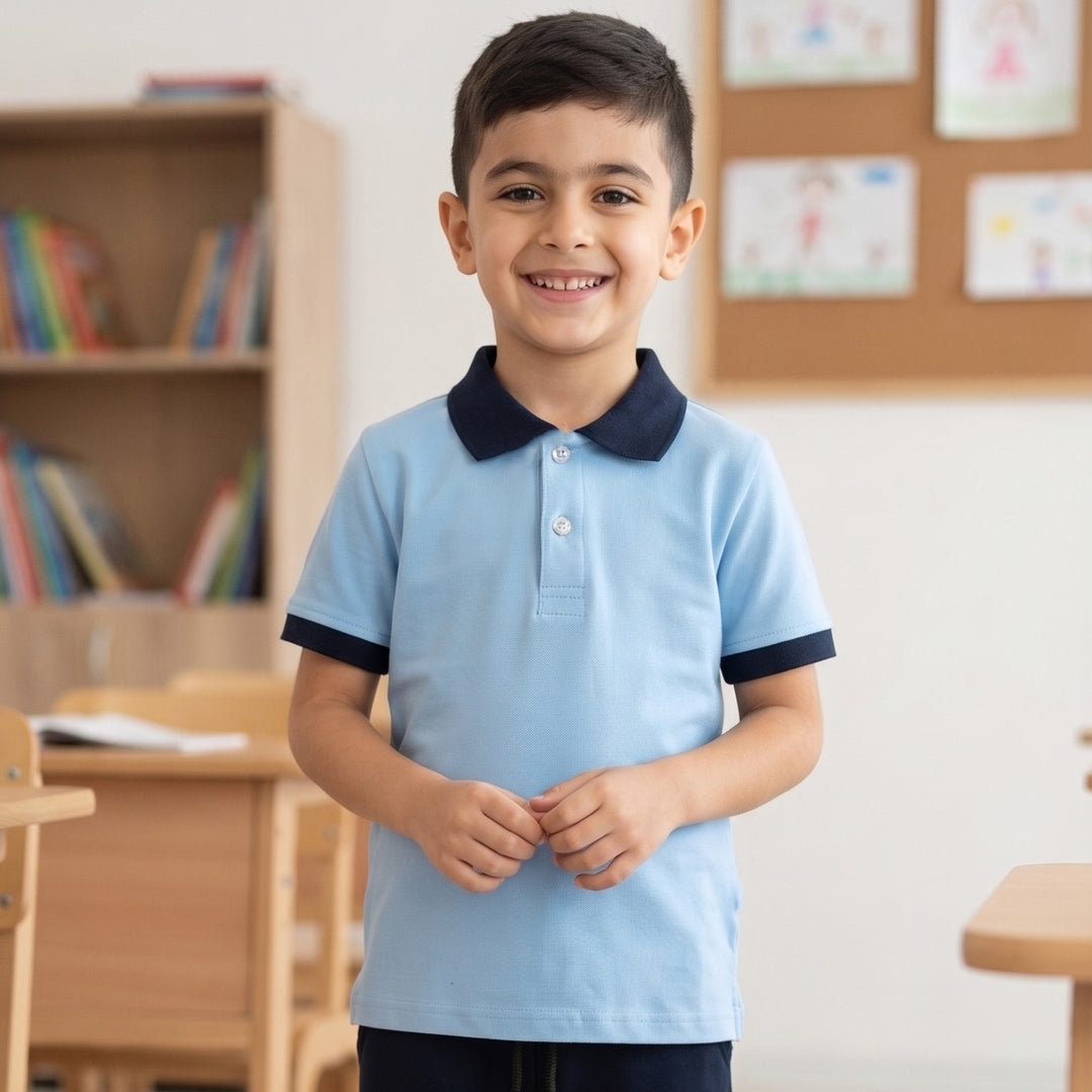 100% Cotton Light Blue Short-Sleeve Polo Shirt with Navy Collar