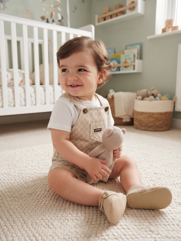 Classic Beige Geometric Print Dungaree Shorts with Solid White T-Shirt Set
