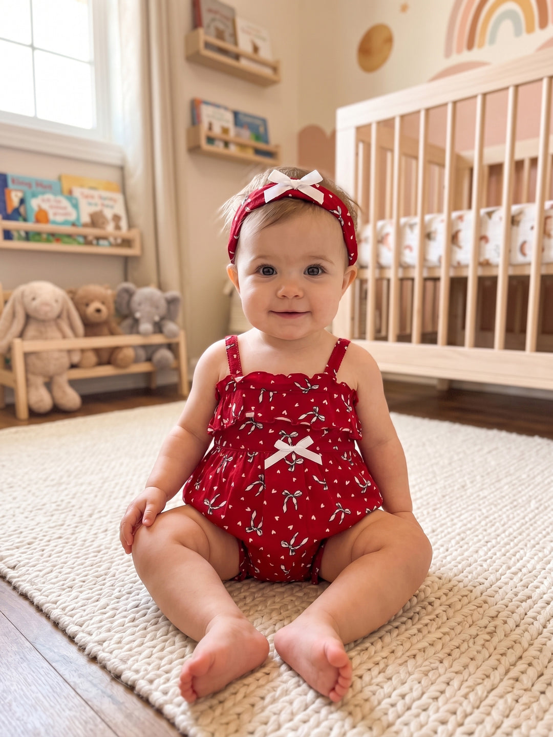 Ruffled Red Floral Bubble Romper with Matching Headband