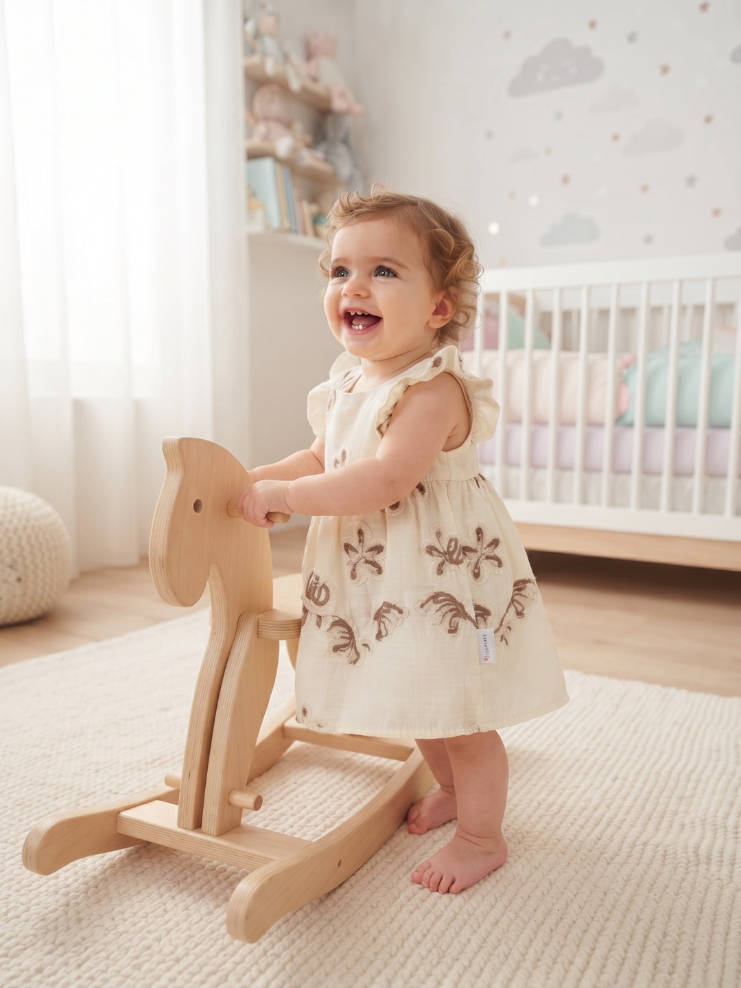 Vintage Floral Embroidered Baby Dress - Cream & Mocha