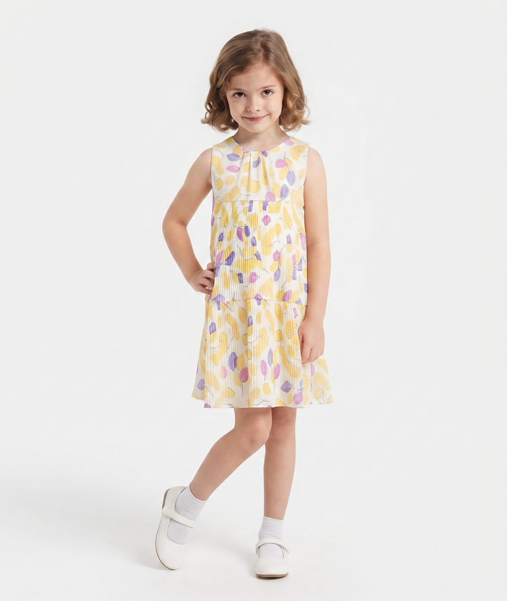 Sleeveless Yellow and Purple Abstract Print Dress