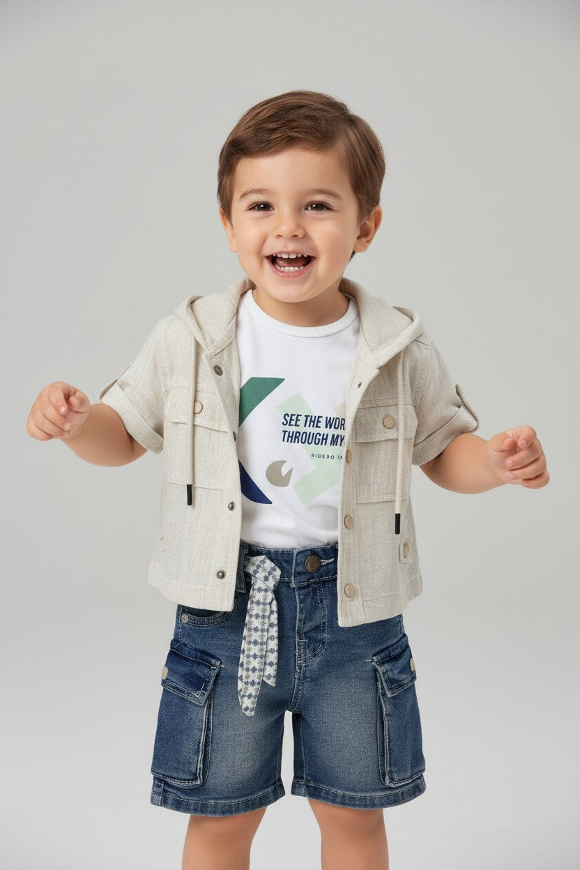 Toddler Boy Linen Short-Sleeve Hooded Jacket & Cargo Denim Shorts Set