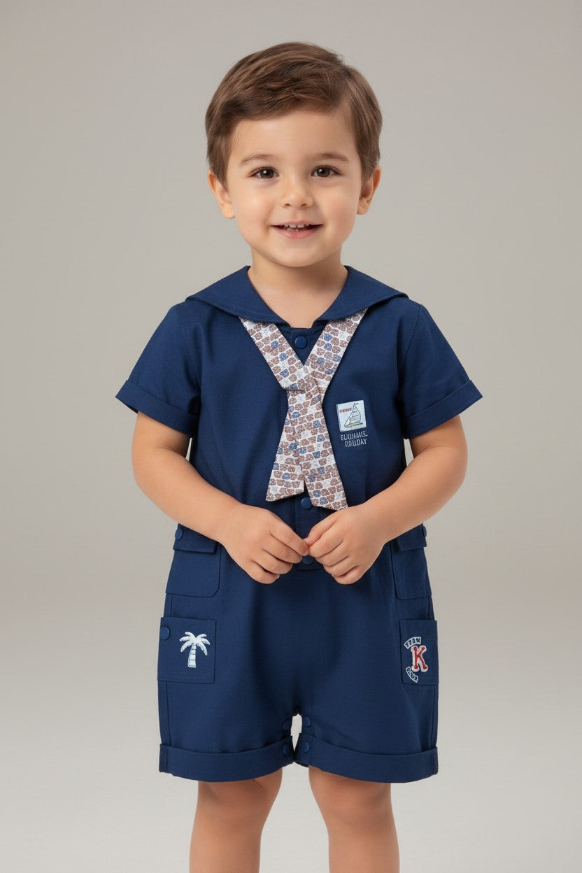Little Sailor Nautical Collar Romper with Printed Mock Tie
