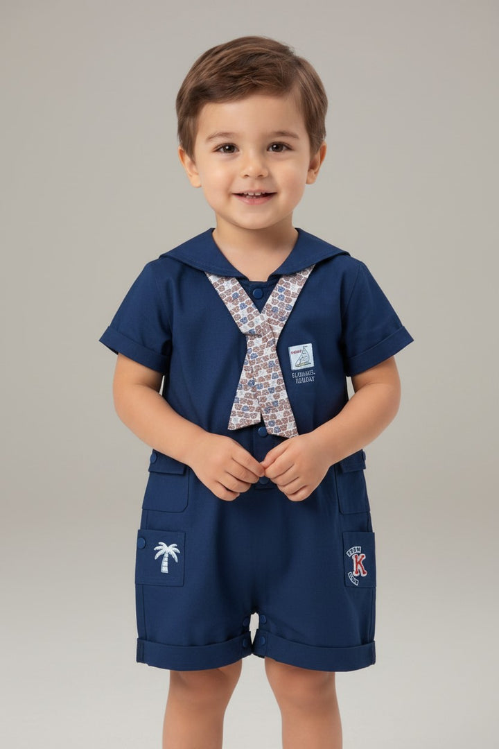 Little Sailor Nautical Collar Romper with Printed Mock Tie