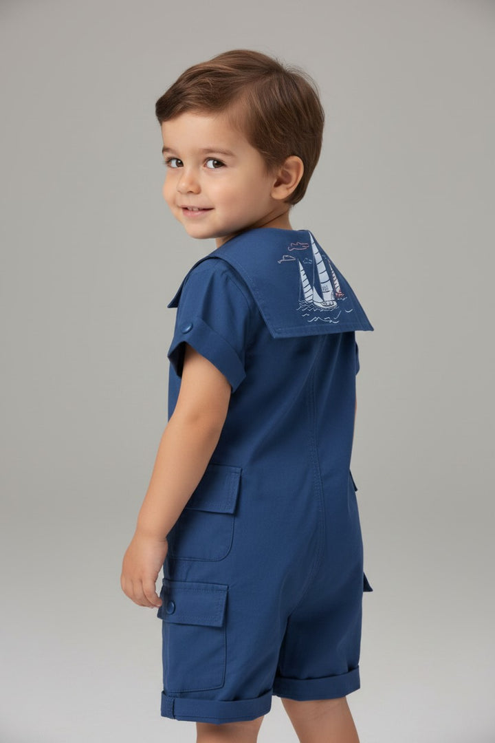 Little Sailor Nautical Collar Romper with Printed Mock Tie
