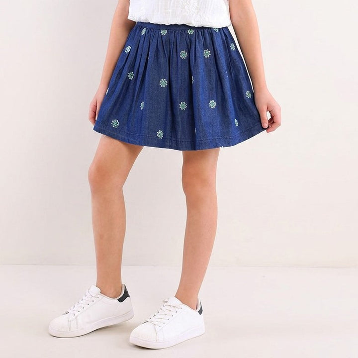 Girls' Embroidered Floral Twirl Denim Skirt