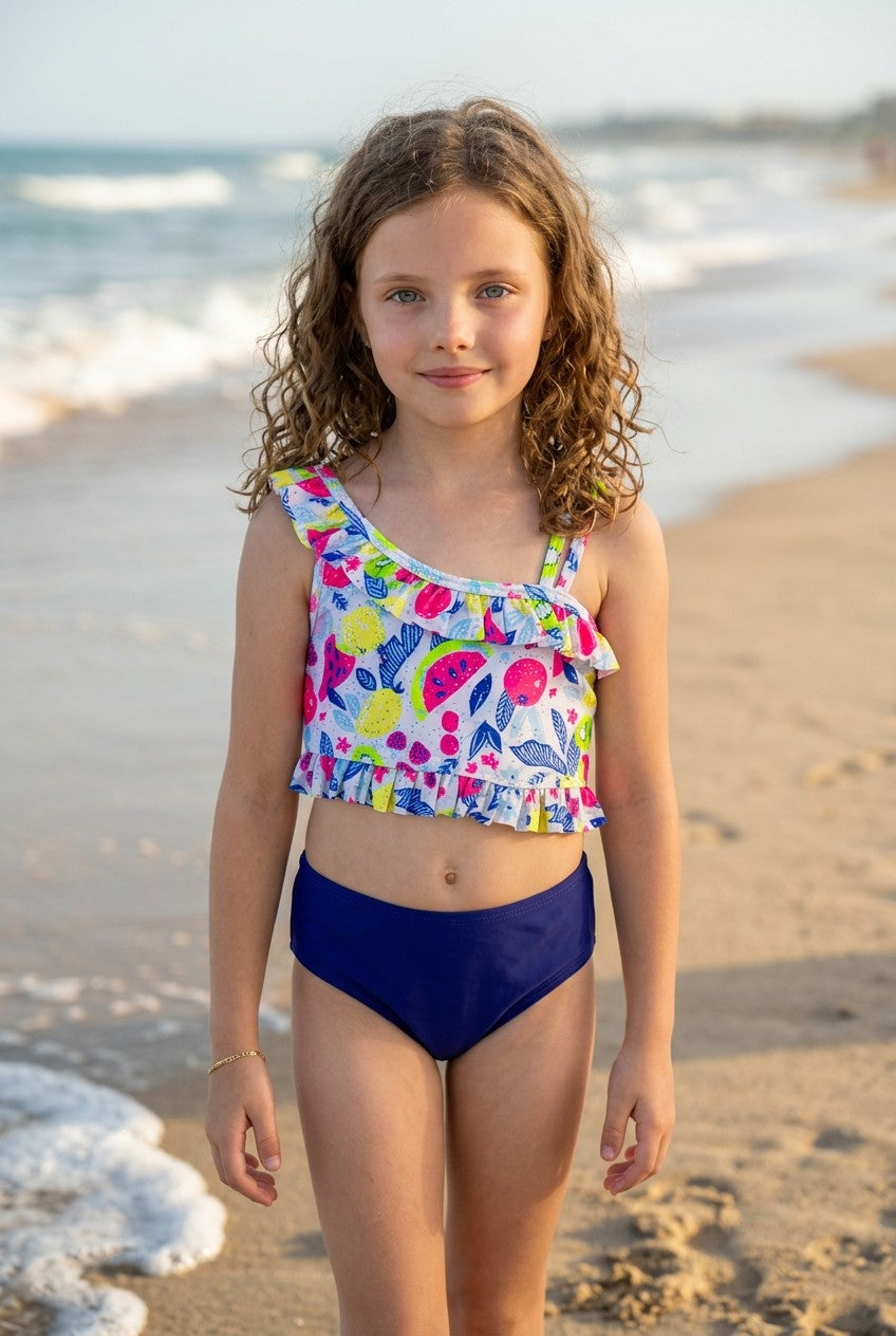 Girls' Ruffled Vibrant Print Tankini Set