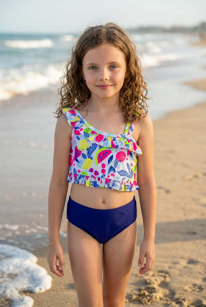 Girls' Ruffled Vibrant Print Tankini Set