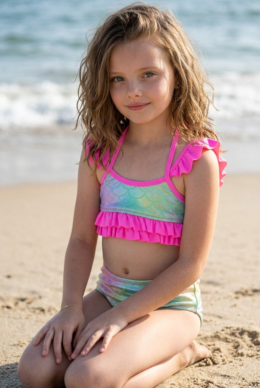 Girls' Mermaid Scales & Tropical Print Bikini Set