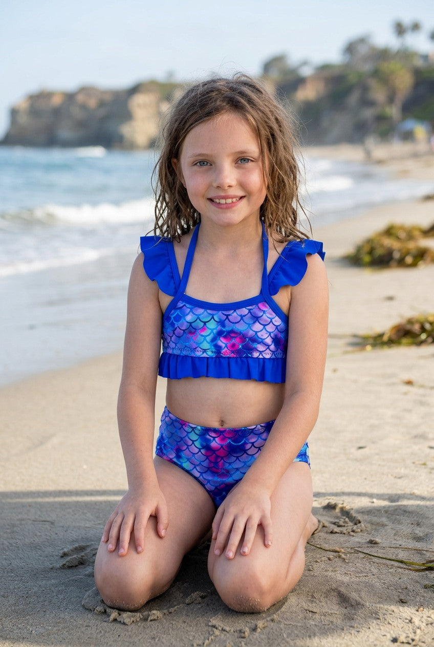 Girls' Mermaid Scales & Tropical Print Bikini Set