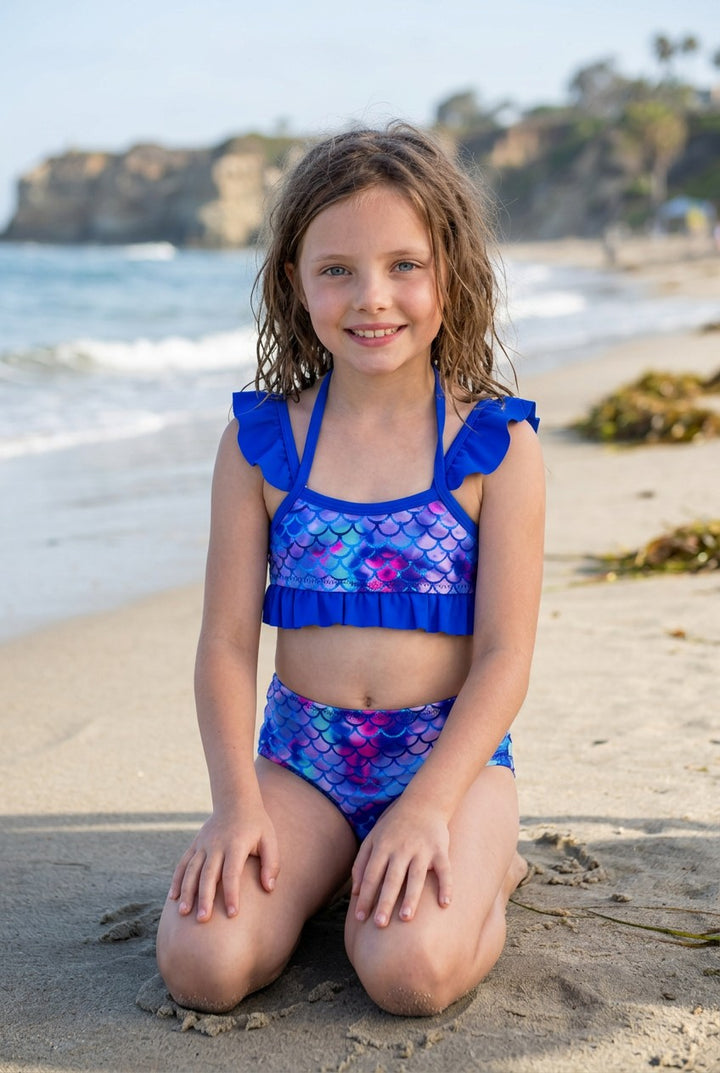 Girls' Mermaid Scales & Tropical Print Bikini Set