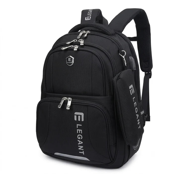 Elegant Multi-Compartment School Backpack with Hanging Pencil Case & USB Charging Port