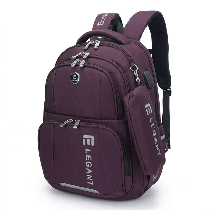 Elegant Multi-Compartment School Backpack with Hanging Pencil Case & USB Charging Port
