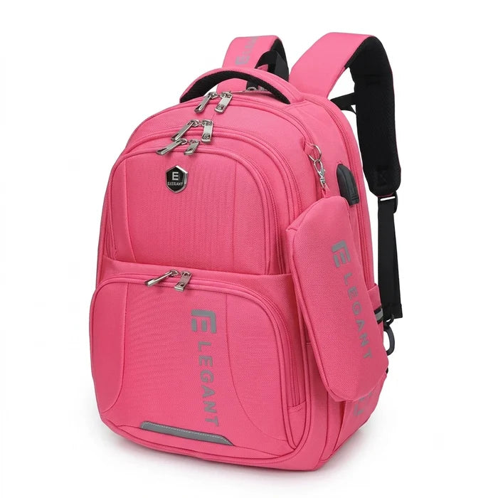 Elegant Multi-Compartment School Backpack with Hanging Pencil Case & USB Charging Port
