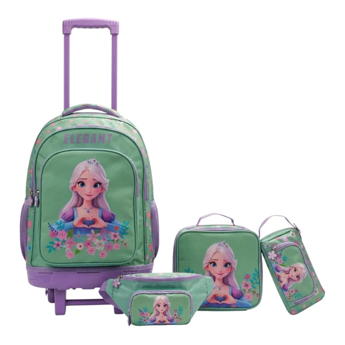 Girls Mint Green Princess 4-Piece Trolley School Bag Set
