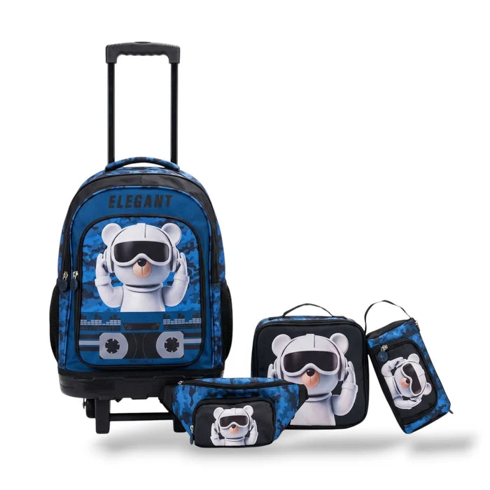 Boys Cool Bear Blue Camouflage 4-Piece Trolley School Bag Set