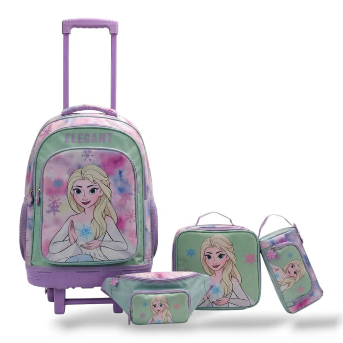 Girls Ice Princess Mint & Pink 4-Piece Trolley School Bag Set