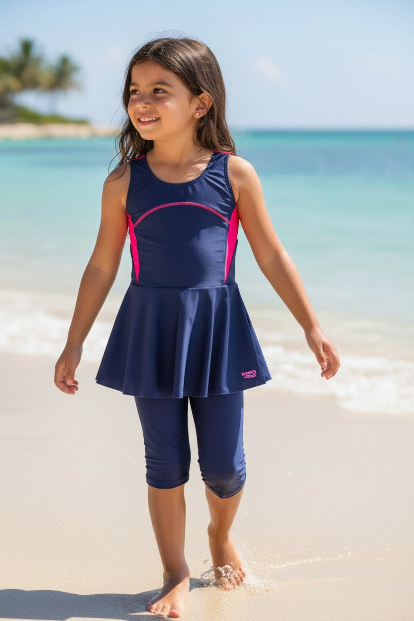 Girls' Skirted Knee-Length Swimsuit