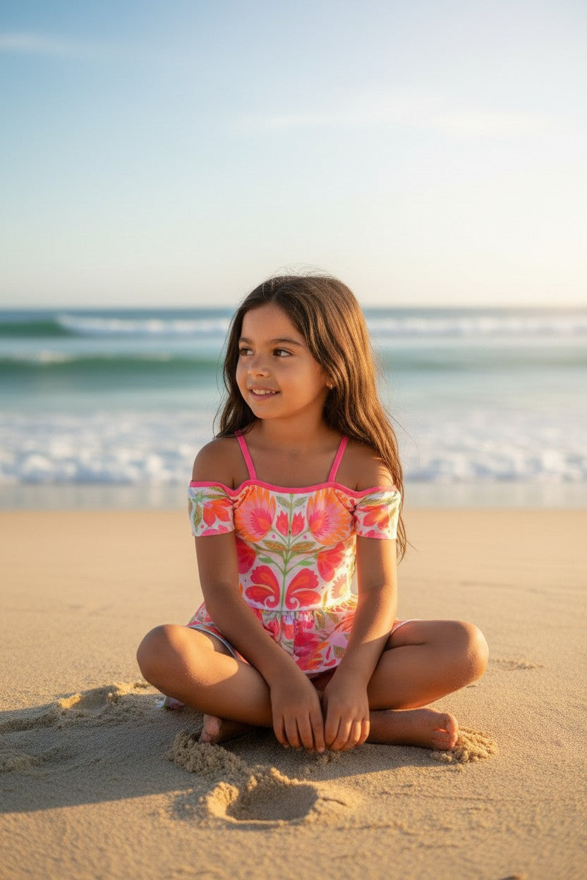 Girls' Vibrant Floral Print Skirted Swimsuit