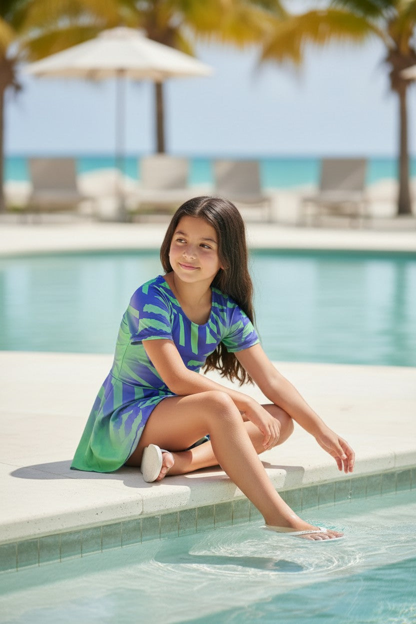 Girls' Short Sleeve One-Piece Swim Dress