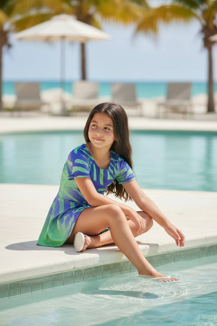 Girls' Short Sleeve One-Piece Swim Dress