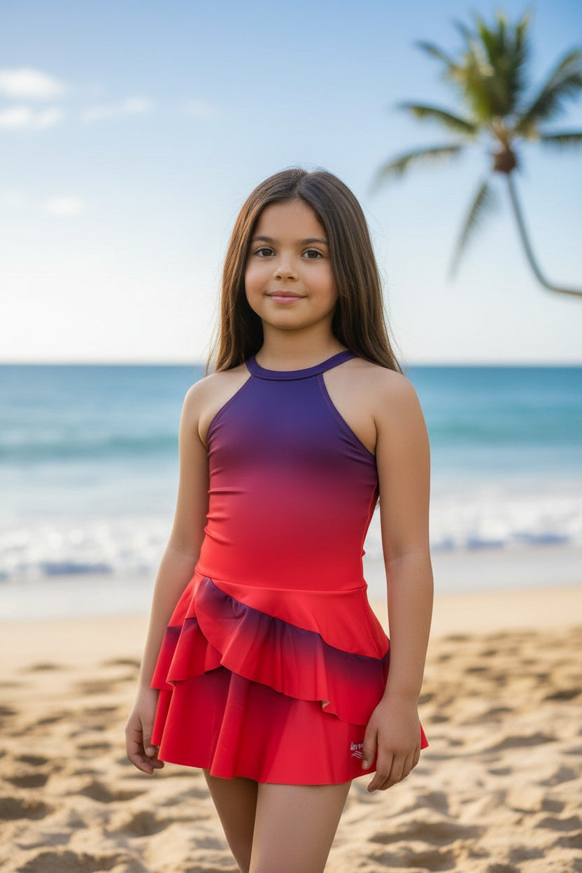 Girls' Halter Neck Tiered Ruffle Swim Dress