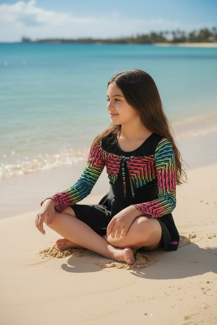 Kids' Full Coverage Long Sleeve Swimsuit with Attached Skirt