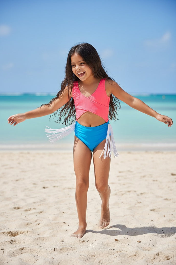 Girls' Neon Cut-Out Fringe Monokini Swimsuit