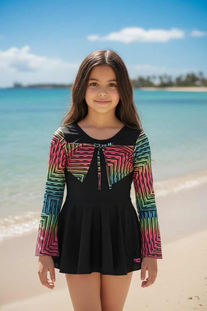 Kids' Full Coverage Long Sleeve Swimsuit with Attached Skirt