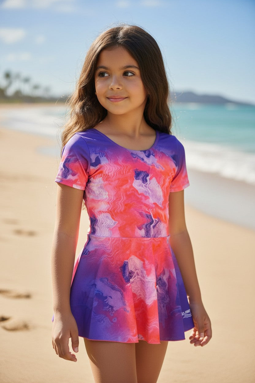 Girls' Short Sleeve One-Piece Swim Dress