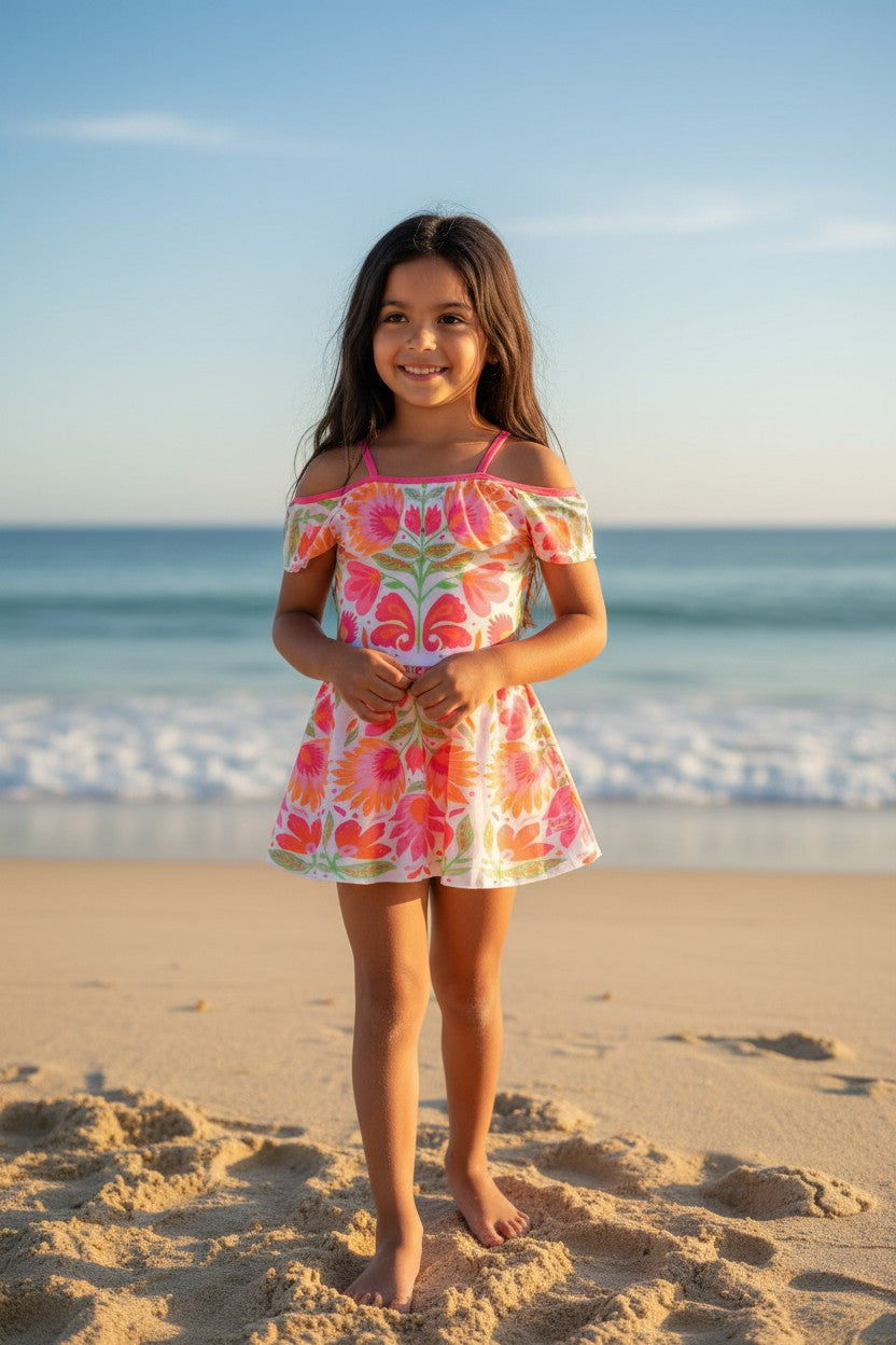 Girls' Vibrant Floral Print Skirted Swimsuit
