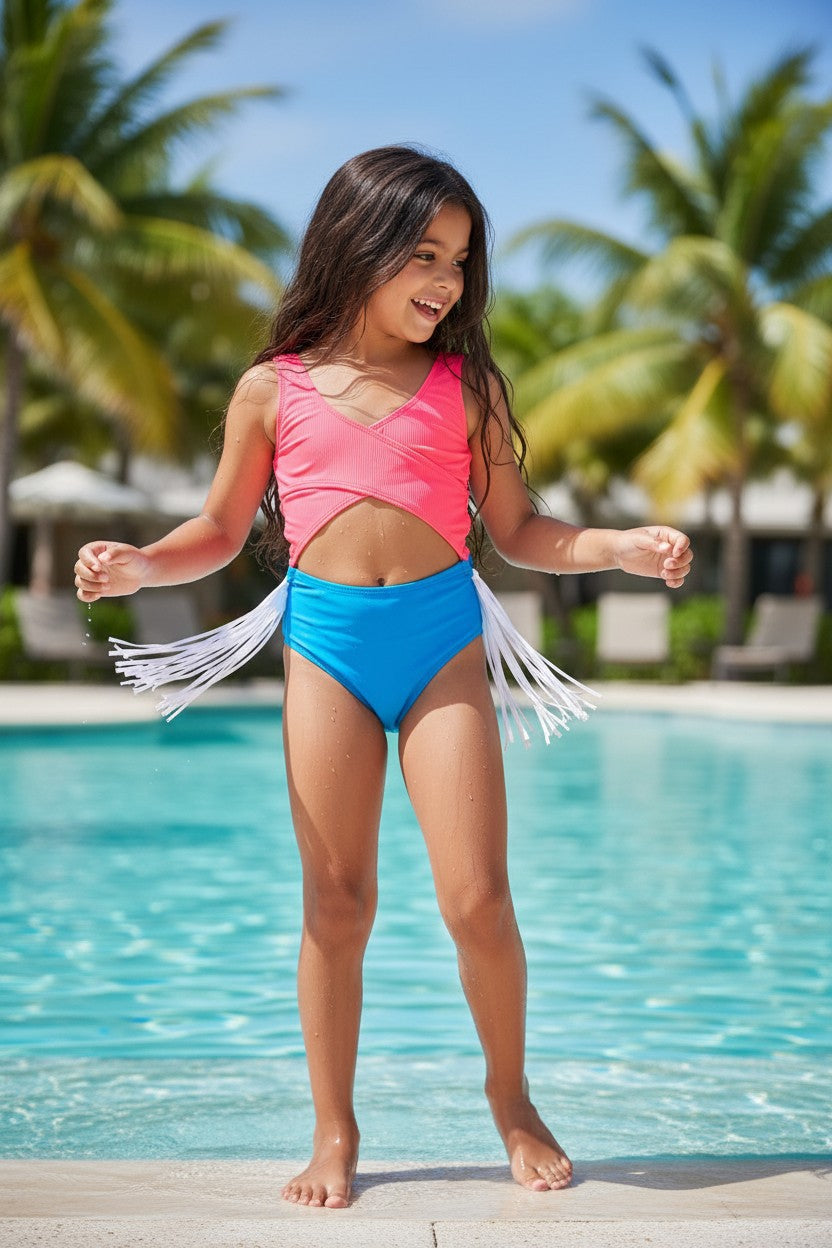 Girls' Neon Cut-Out Fringe Monokini Swimsuit