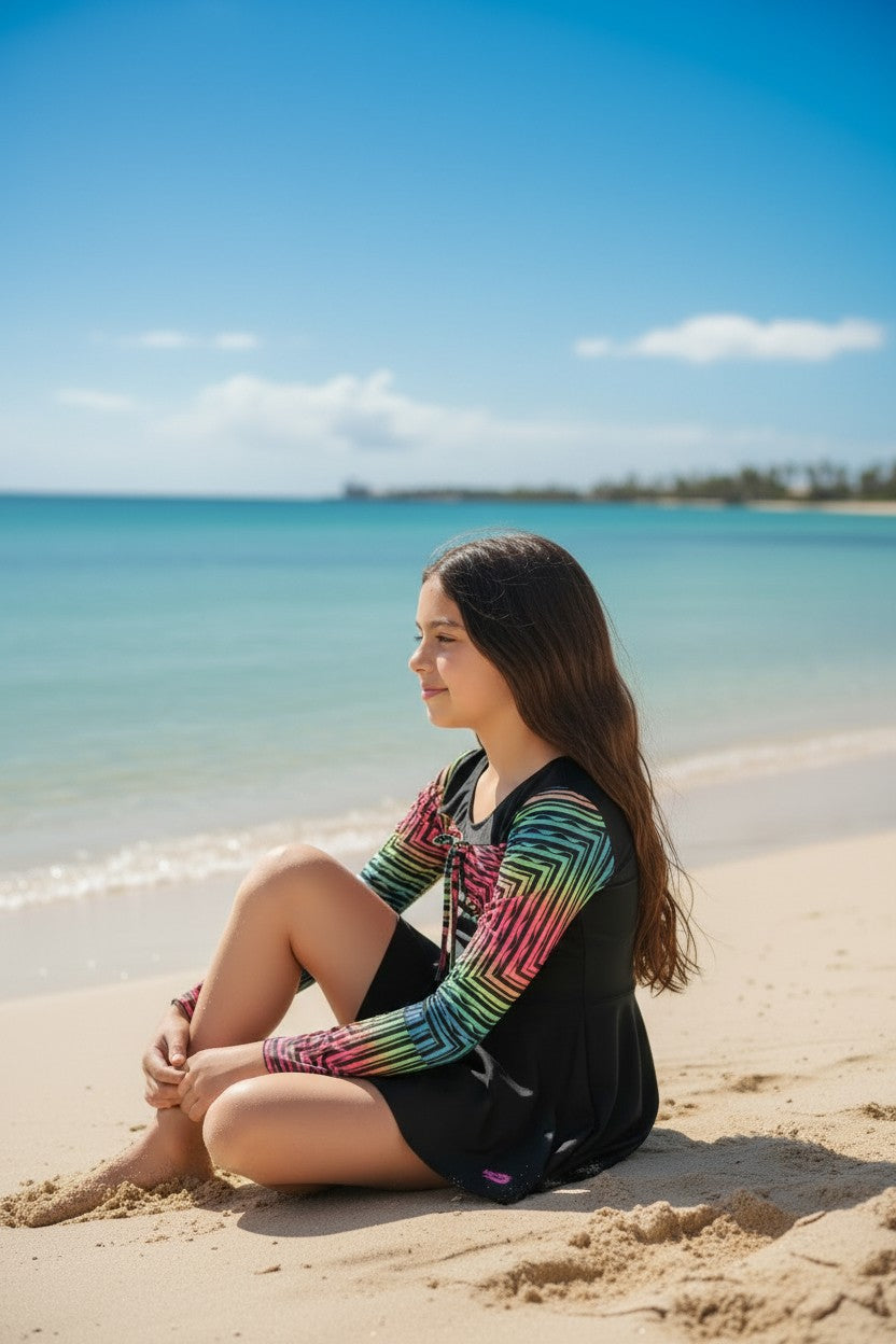 Kids' Full Coverage Long Sleeve Swimsuit with Attached Skirt