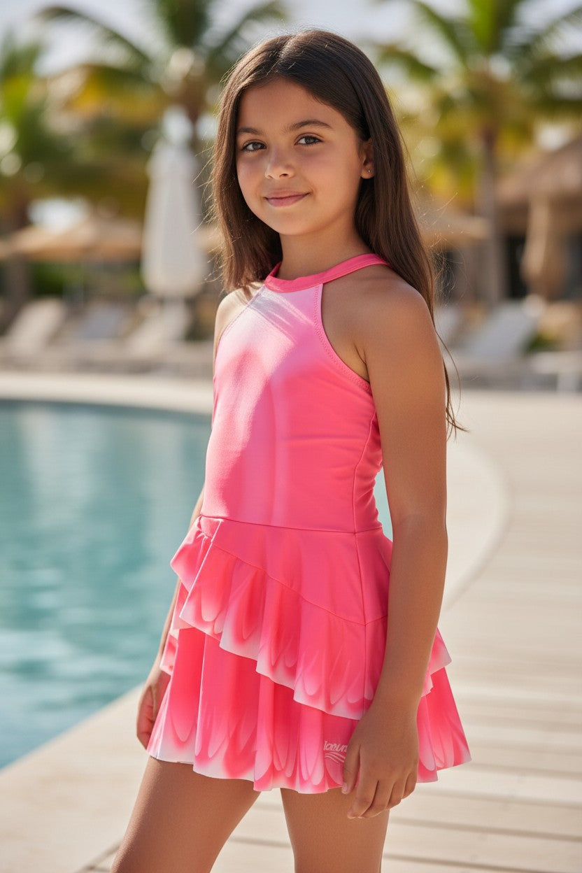Girls' Halter Neck Tiered Ruffle Swim Dress